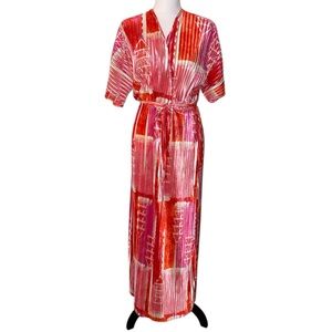 Cato Accordion Pleated Wrap Belted Satin Pink Red White Maxi Dress Women’s Large